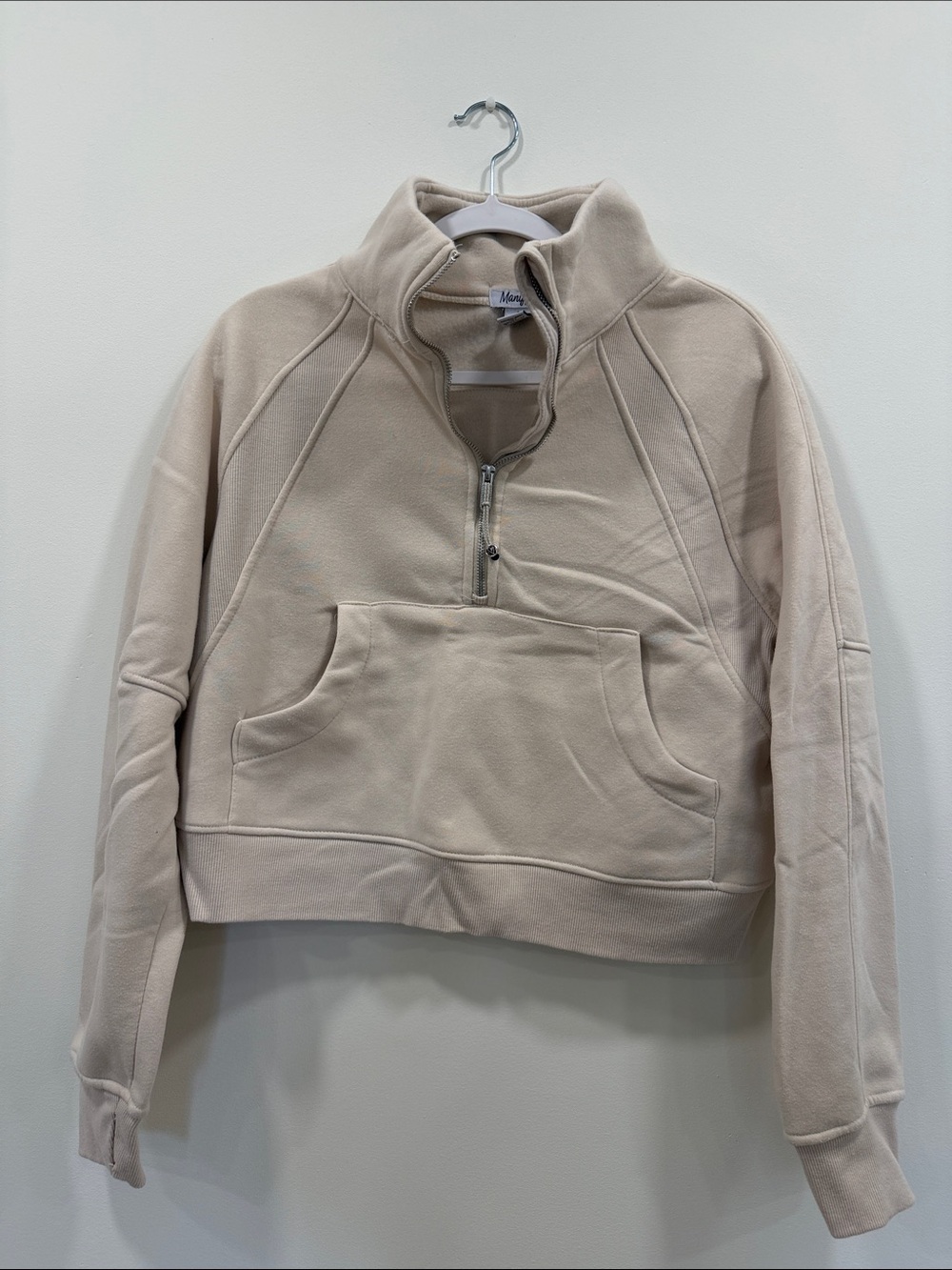 Half-Zip Cropped Pullover Sweatshirt in Light Beige